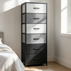 6-Drawer Vertical Storage Tower, Black and Grey, with Fabric Bins and Wood Top