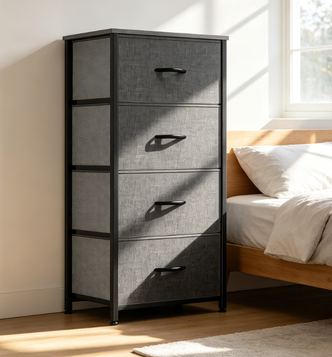 4-Drawer Fabric Storage Tower with Steel Frame and Wooden Top