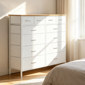 Compact 12-Drawer Fabric Dresser with Retro Wood Top